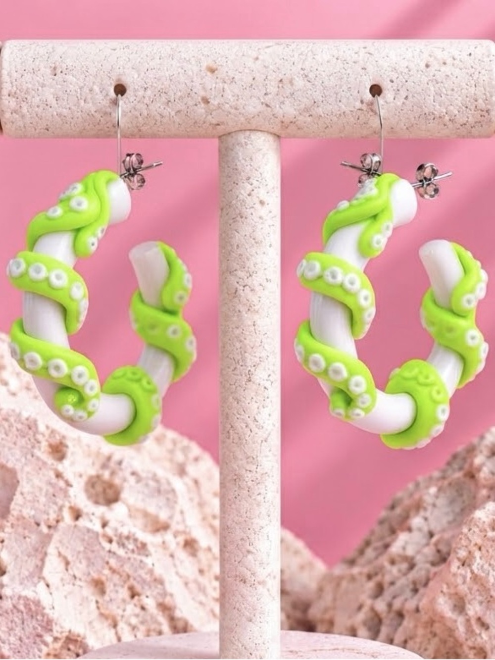 Tangled Tentacles — Handmade Hoop Earrings — White and Green
